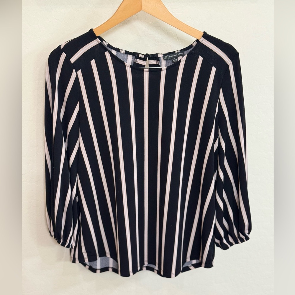 Adrianna Papell 3/4 Sleeve Striped Crepe Blouse w/ Keyhole Back Large Crew Neck
